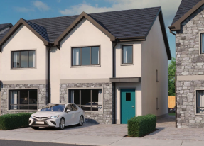 A rendering of a three-bedroom house with a car parked in front, available to win through a contest in Galway.